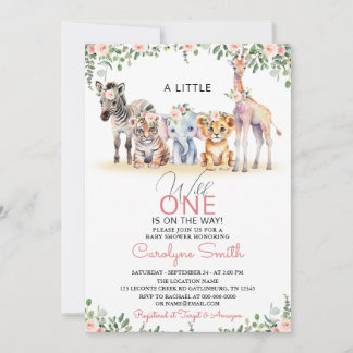 Vild 1 Safari Animals Greenery Girl Baby Shower Inbjudningar