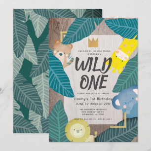 Vild 1 Safari Animals Jungle Boy 1:a födelsedagen Inbjudningar