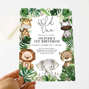 Vild 1 Safari Animals Jungle Greenery Birthday Inbjudningar