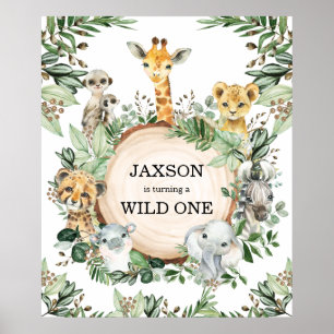 Vild 1 Safari Animals Jungle Greenery Birthday Poster