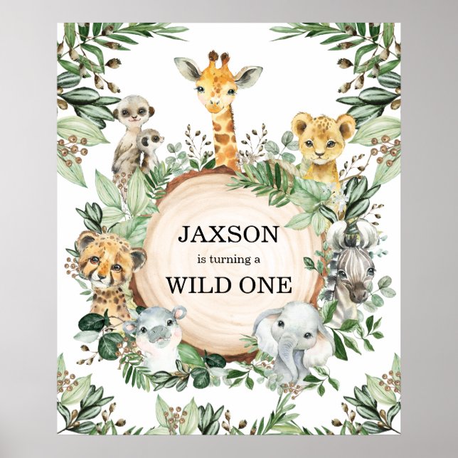 Vild 1 Safari Animals Jungle Greenery Birthday Poster (Framsidan)