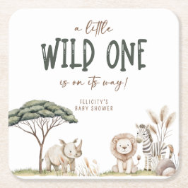 Vild 1 Safari Animals Neutralt Baby Shower Underlägg Papper Kvadrat