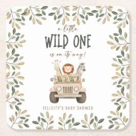 Vild 1 Safari Animals Neutralt Baby Shower Underlägg Papper Kvadrat