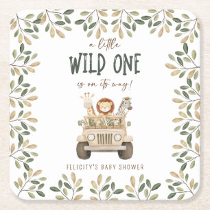 Vild 1 Safari Animals Neutralt Baby Shower Underlägg Papper Kvadrat