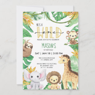 Vild 1 Safari Animals Party Jungle Birthday Inbjudningar