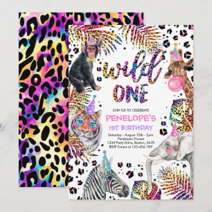 Vild 1 Safari Animals Rainbow Cheetah Birthday Inbjudningar