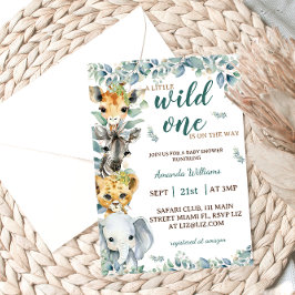 Vild 1 Safari Animals Sage Grönt Baby Shower Inbjudningar
