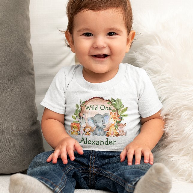 Vild 1 Safari Animals Wood Greenery 1:a födelsedag T Shirt (Customize to change text color. Many sizes to choose from.)