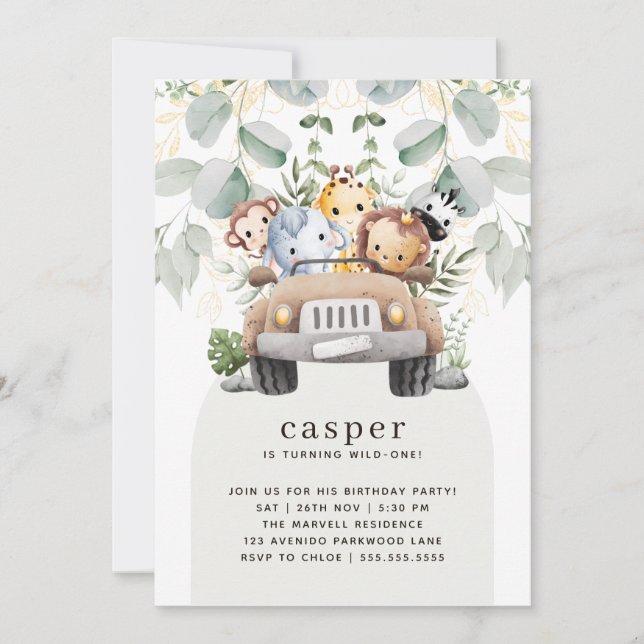 Vild 1 Safari Baby djur 1:a födelsedag Party Inbjudningar (Framsida)