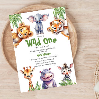 Vild 1 Safari Baby djur Boy Shower Inbjudningar