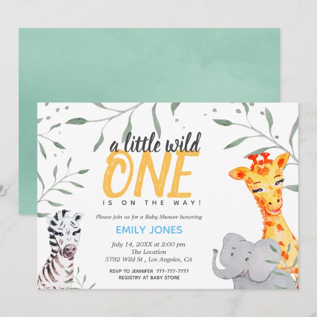 Vild 1 Safari Baby Shower Boy-inbjudan Inbjudningar (Fram/baksida)
