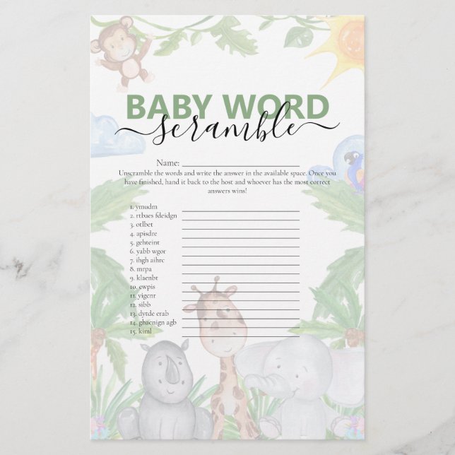 Vild 1 Safari Baby Shower-spel (Framsida)