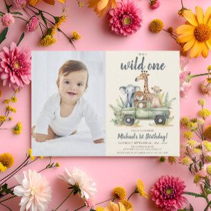 Vild 1 Safari Boy Photo 1st Birthday Inbjudningar
