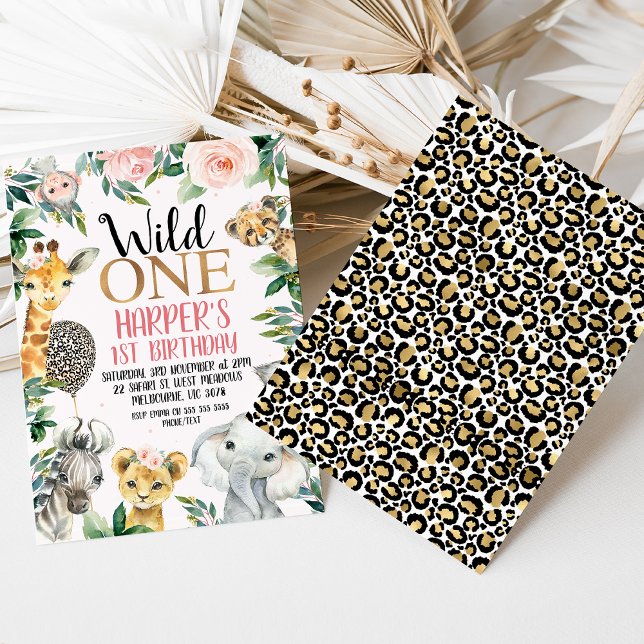 Vild 1 Safari Cheetah Skriv ut bubbla 1:a födelsed Inbjudningar (Leopard Print Wild One 1st Birthday for girl - cheetah print, cheetah print balloon,  pink floral)