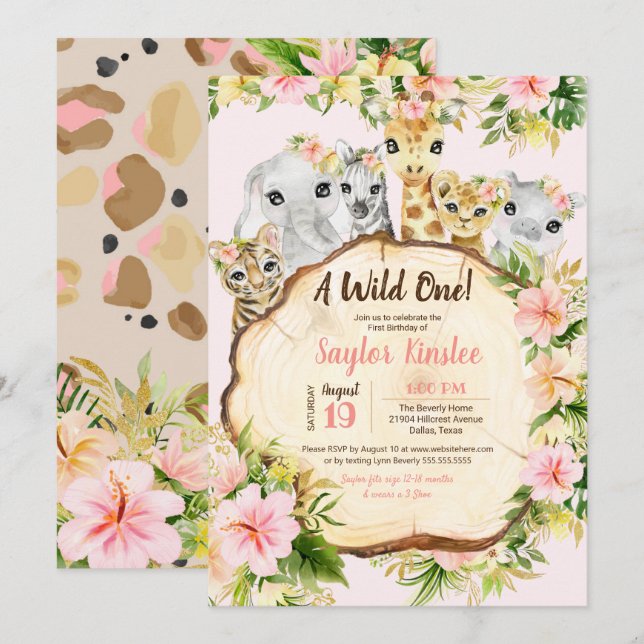 Vild 1 Safari Cute Animals Girl First Birthday Inbjudningar (Fram/baksida)
