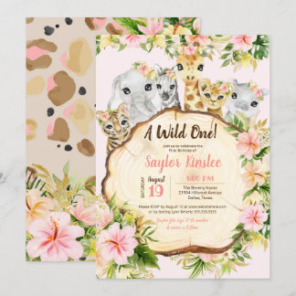 Vild 1 Safari Cute Animals Girl First Birthday Inbjudningar