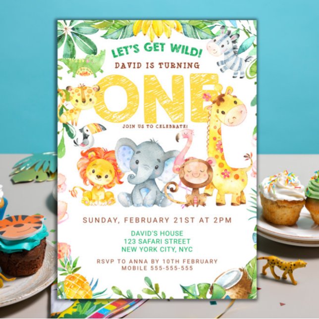 Vild 1 Safari-djur 1:a födelsedagsboxen Inbjudningar (Safari Party Jungle Animals Boy First Birthday Invitation )