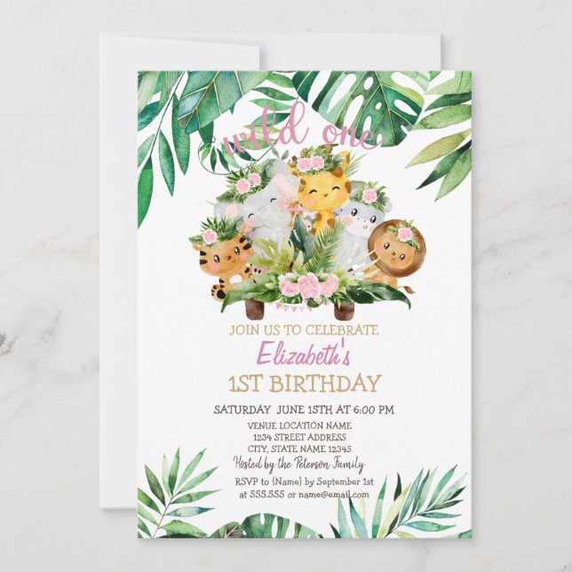 Vild 1 Safari-djur,Löv 1:a födelsedagen Inbjudningar (Framsida)