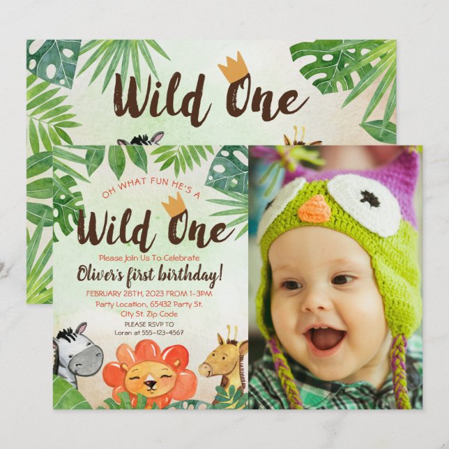 Vild 1, Safari First Birthday, Foto Inbjudningar (Fram/baksida)