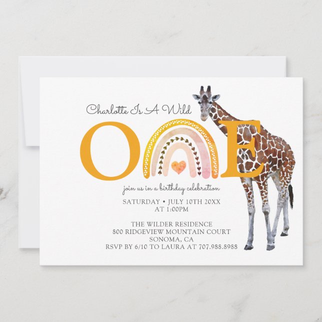 Vild 1 Safari Giraffe Girl's First Birthday Inbjudningar (Framsida)