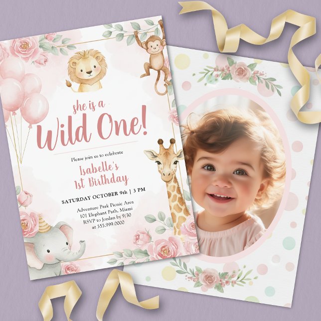 Vild 1 Safari Girl Jungle Födelsedagsfest Photo Inbjudningar (Wild One Safari Girl Jungle Birthday Party Photo Invitation)