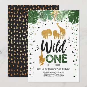 Vild 1 Safari Guld Boy Animals Födelsedagsfest Inbjudningar