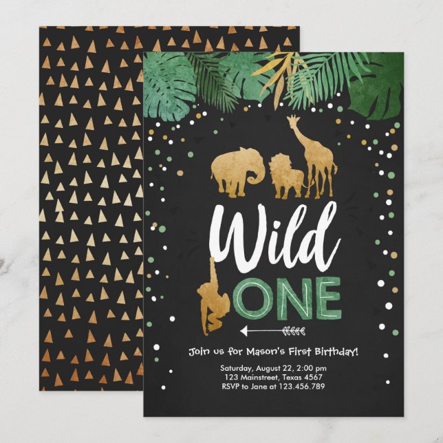 Vild 1 Safari Guld Boy Animals Födelsedagsfest Inbjudningar (Fram/baksida)