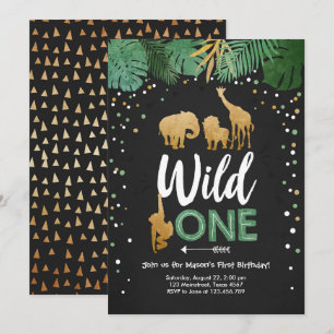 Vild 1 Safari Guld Boy Animals Födelsedagsfest Inbjudningar