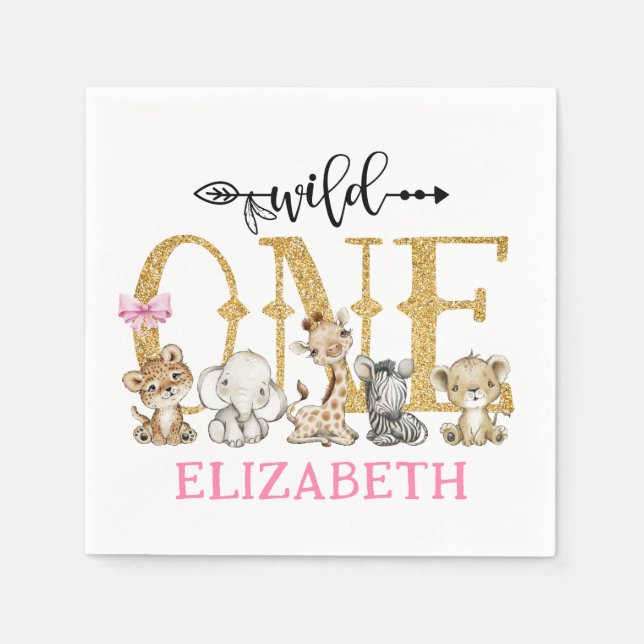 Vild 1 Safari Guld Glitter första födelsedag Pappersservett (Framsidan)