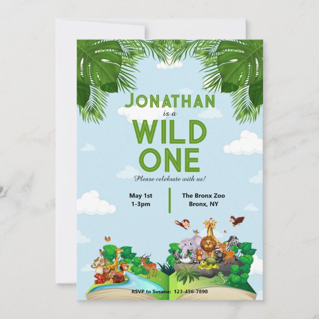 Vild 1 Safari Jungle 1:a födelsedagsinbjudan Inbjudningar (Framsida)