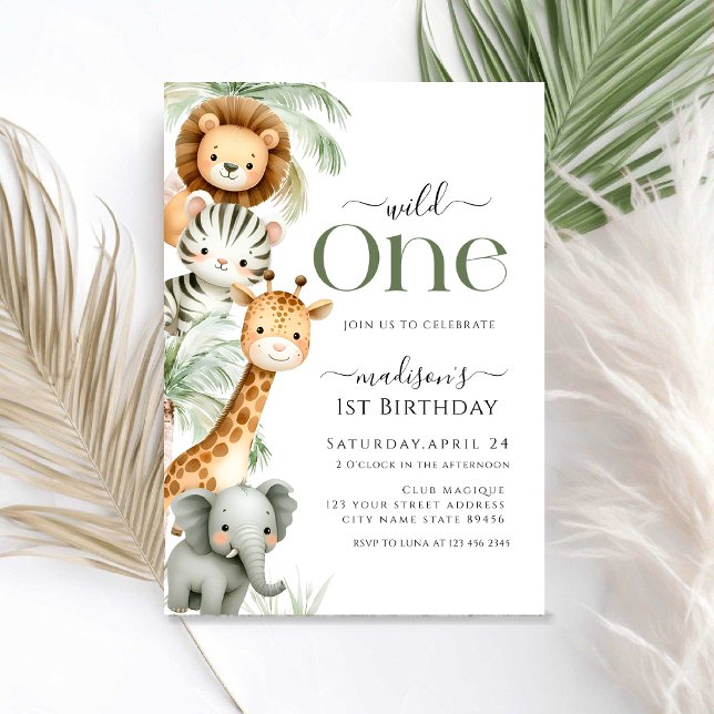 Vild 1 Safari Jungle Animal Boy 1st Birthday Inv Inbjudningar (Skapare uppladdad)