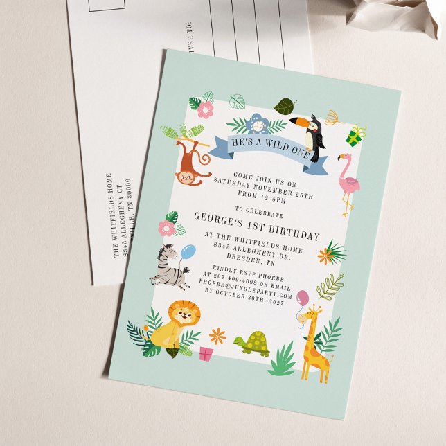 Vild 1 Safari Jungle Animals 1:a födelsedagen Inbjudan Vykort (Wild One First Birthday Forest Animals Themed Party Invitation)