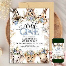 VILD 1 | Safari Jungle Animals 1st Birthday Boy Inbjudningar