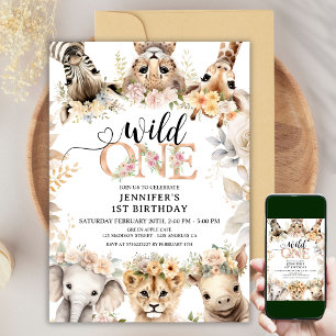VILD 1 Safari Jungle Animals 1st Birthday Girl Inbjudningar