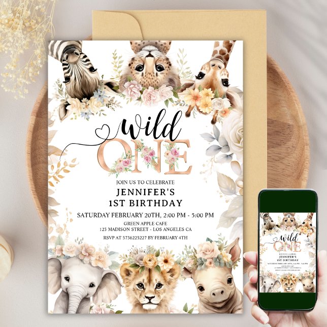 VILD 1 | Safari Jungle Animals 1st Birthday Girl Inbjudningar (Skapare uppladdad)