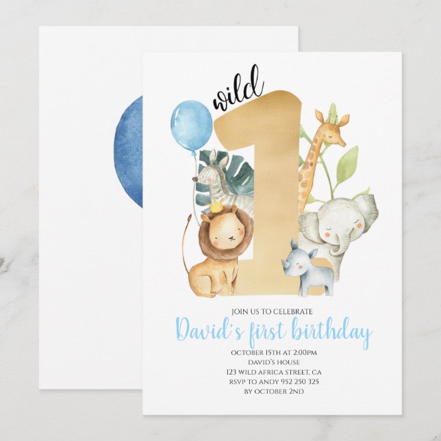 Vild 1 Safari Jungle Animals Guld Greenery Cute Inbjudningar (Fram/baksida)