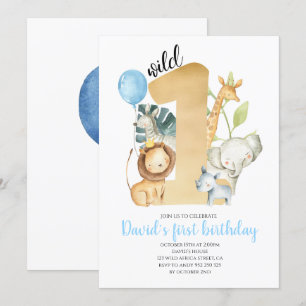 Vild 1 Safari Jungle Animals Guld Greenery Cute Inbjudningar