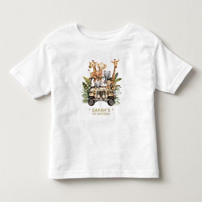 Vild 1 Safari Jungle First Birthday Namn Girl T Shirt (Framsida)
