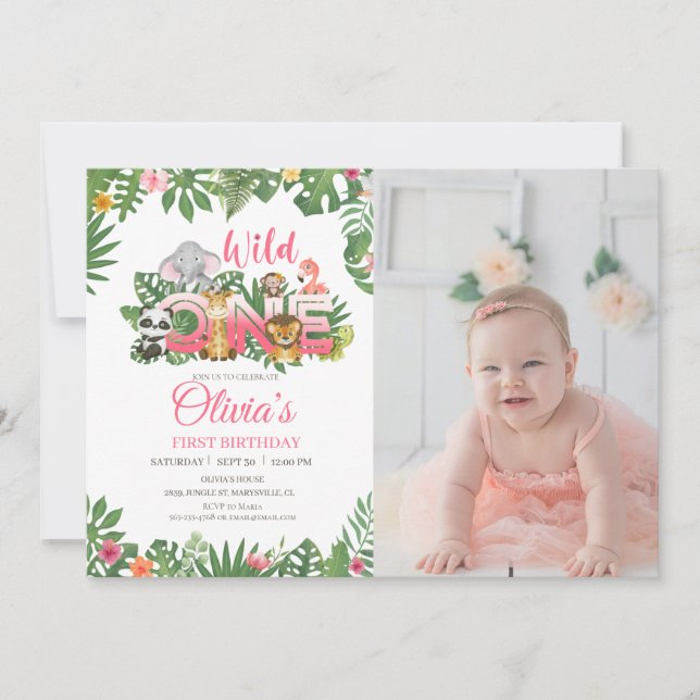 Vild 1 Safari Jungle första födelsedag Flicka Inbjudningar (Framsida)