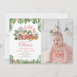 Vild 1 Safari Jungle första födelsedag Flicka Inbjudningar