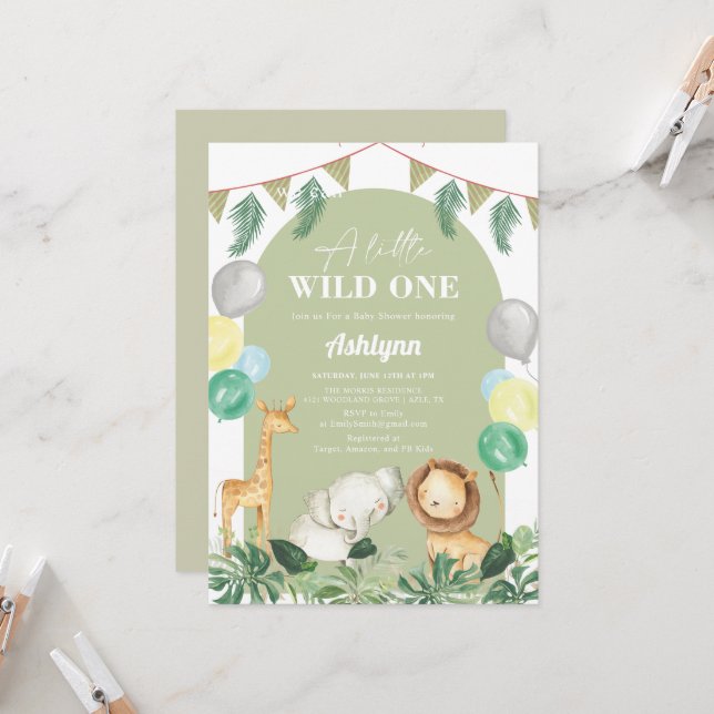 Vild 1 Safari Jungle Greenery Boy Shower Inbjudningar (Fram/Back In Situ)