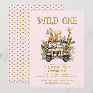 Vild 1 Safari Jungle Rosa 1:a födelsedag Inbjudningar