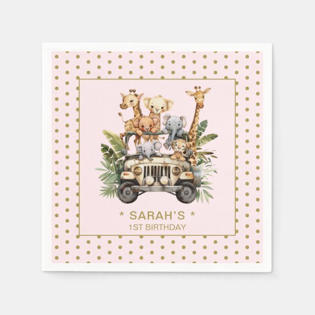 Vild 1 Safari Jungle Rosa 1:a födelsedag Pappersservett (Framsidan)