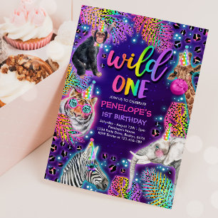 Vild 1 Safari Neon Rainbow Cheetah Birthday Inbjudningar