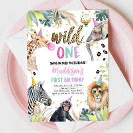 Vild 1 Safari Party Animals Girl First Birthday Inbjudningar