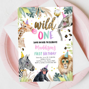 Vild 1 Safari Party Animals Girl First Birthday Inbjudningar