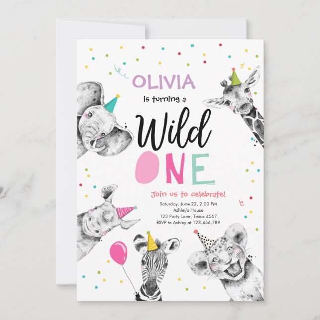 Vild 1 Safari Party Animals Girl First Birthday Inbjudningar (Framsida)