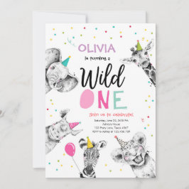 Vild 1 Safari Party Animals Girl First Birthday Inbjudningar
