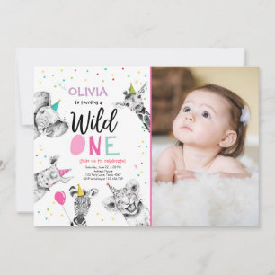 Vild 1 Safari Party Animals Girl First Birthday Inbjudningar