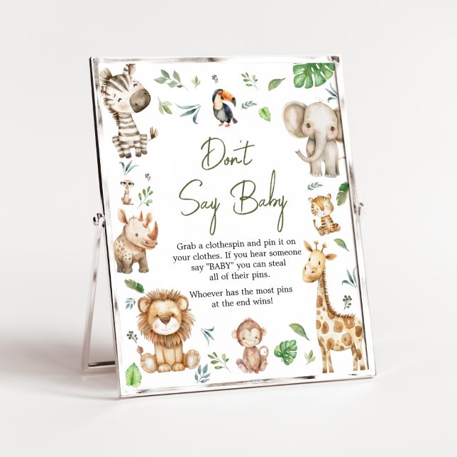 Vild 1 Safari säger inte Baby Baby Shower Poster (Little Wild One Safari Animals Baby Shower Don't Say Baby Sign)